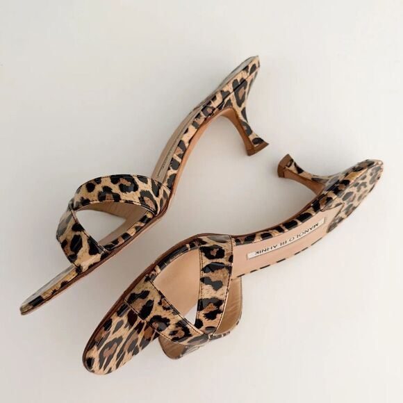 Manolo Blahnik Leopard Print Sandal patent Leather Kitten Heels 38.5 Italy - Picture 8 of 12